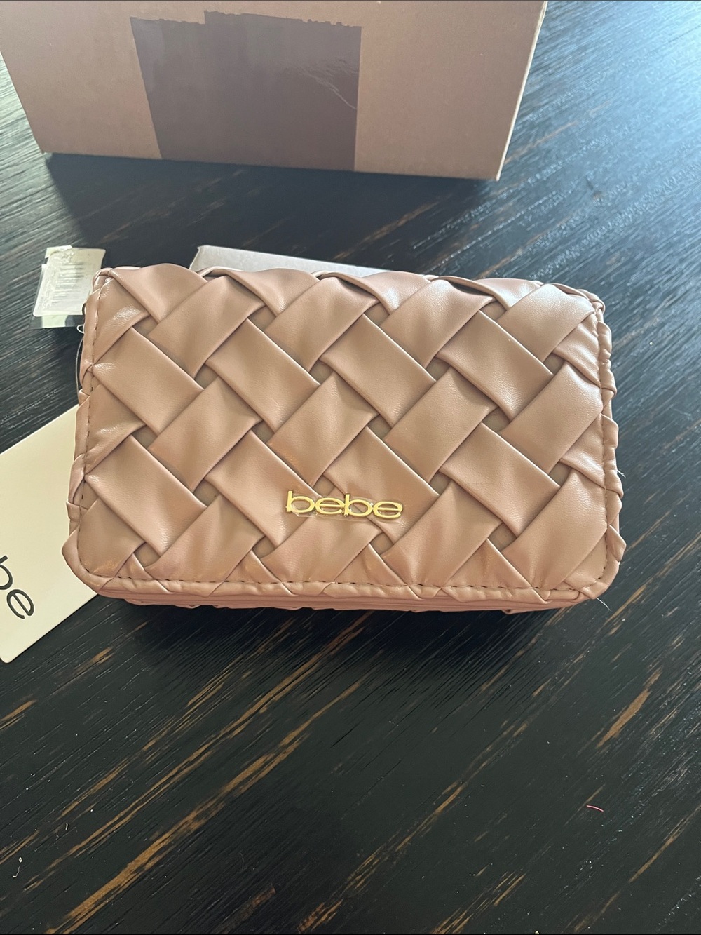 bebe Woven Wristlet Clutch in Taupe
